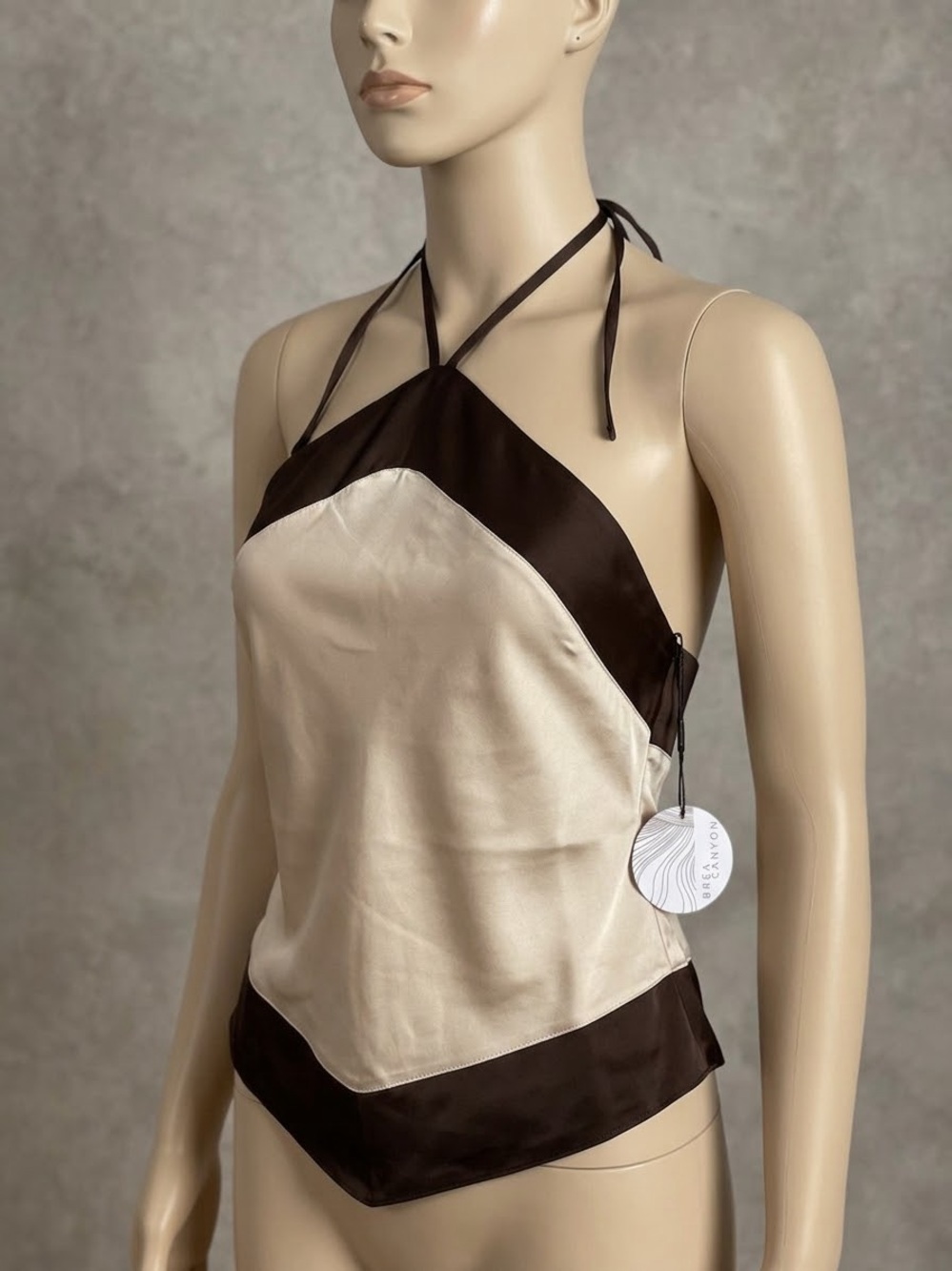 Silk Halter Crop Top in Cream and Brown